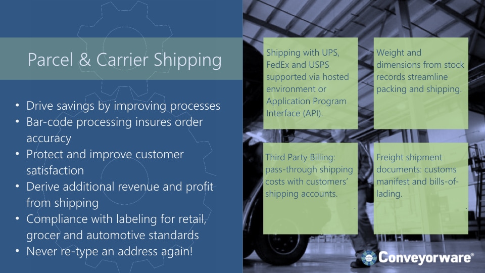 Parcel and carrier shipping.